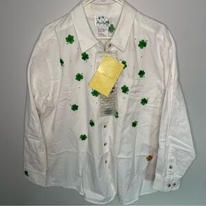 Quacker Factory NWT White Button Up Shirt Green Clover Shamrock Embroidery 1X